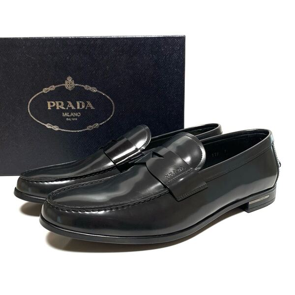 ☆未使用 PRADA プラダ ロゴ レザー コインローファー 黒系 イタリア製 革靴 ドレスシューズ スリッポン モカシン ドライビングシューズ