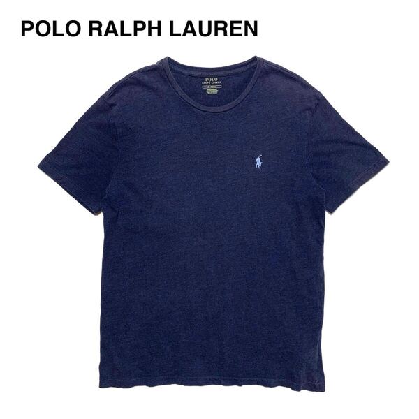 ☆良品 RALPH LAUREN ラルフローレン メランジ 刺繍ロゴ クルーネック Tシャツ ネイビー M 半袖 カットソー 古着 ヴィンテージ vintage