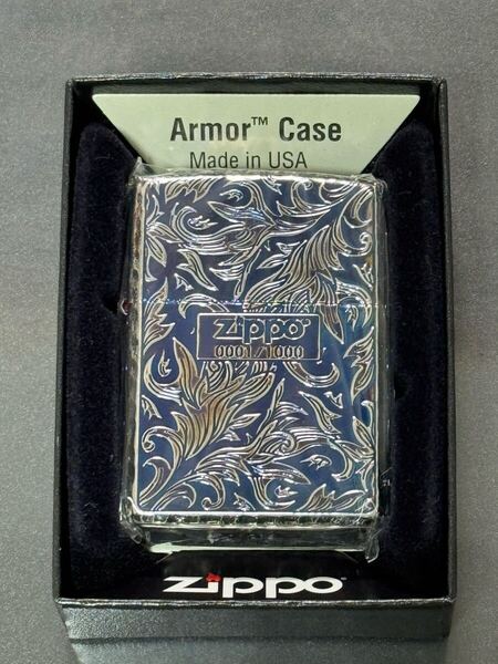 zippo 5面彫刻 ブルー シルバー アーマー 希少番号 NO.0001 シャインレイカット 2022年製 シリアルナンバー NO.0001/1000 ケース 保証書