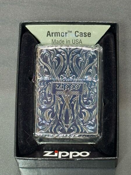 zippo 5面彫刻 ブルー シルバー アーマー 希少番号 NO.0001 シャインレイカット 2022年製 シリアルナンバー NO.0001/1000 ケース 保証書