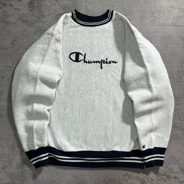 90年代 チャンピオン リバースウィーブ USA製 刺繍タグ Champion スクリプトロゴ刺繍 スウェット トレーナー 古着 メンズL グレー /