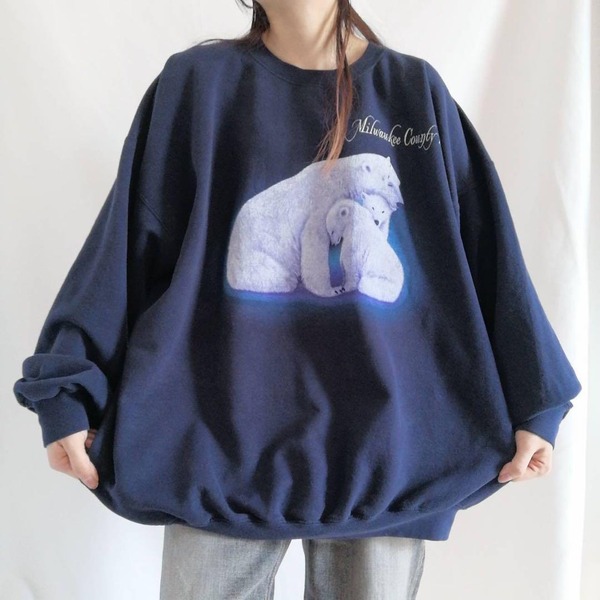 古着 アニマルプリントスウェット トレーナー シロクマ 白熊 ポーラーベア オーバーサイズ メンズ2XL ネイビー / 3075