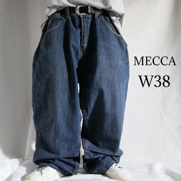 メッカ 00s MECCA デニム バギーパンツ ジーンズ RELAXED FIT B系 メンズW38 古着 刺繍 濃紺 チカーノ HIPHOP / 3813