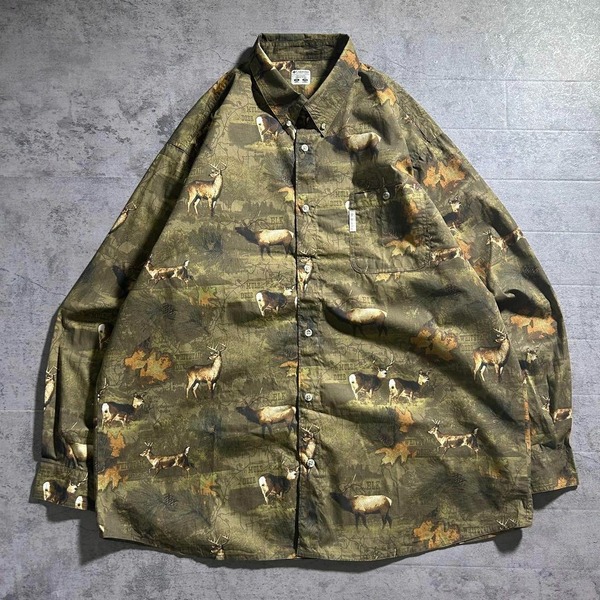 コロンビア Columbia PHG アニマル柄 長袖 ボタンダウンシャツ 鹿柄 ハンティング メンズ2XL 大きいサイズ グリーン 古着 / 3079