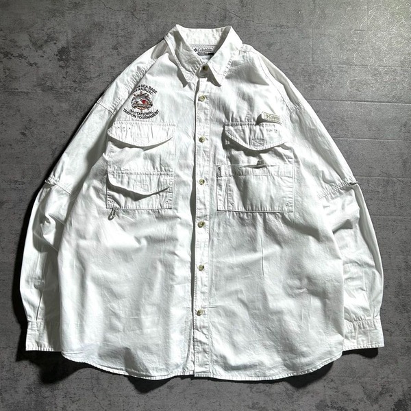 コロンビア Columbia PFG 長袖 フィッシングシャツ 魚 刺繍ロゴ ホワイト 白 メンズXL 00s 古着 / A3081