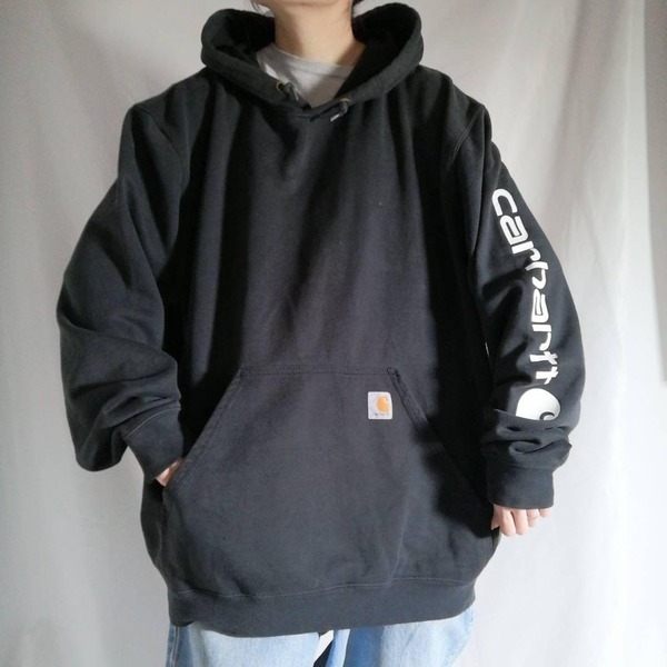 カーハート Carhartt Hoodie 袖ロゴ スウェットパーカー フーディー オーバーサイズ BLK 黒 ブラック 古着 メンズ2XL