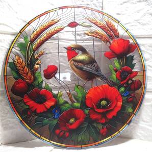 新品・サンキャッチャー・ポピーと小鳥・玄関扉のアクセント・窓際のサンキャッチャーに・100均の皿台を使って置物にしても