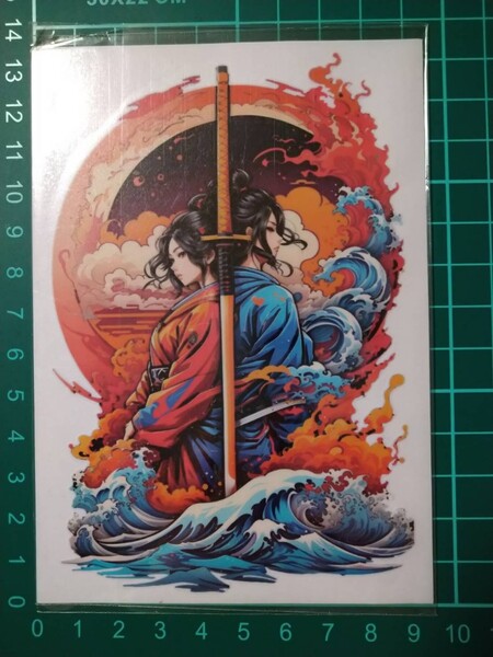 炎 侍芸者 着物 赤 青 波 浮世絵 アート インテリア ステッカー 転写シール