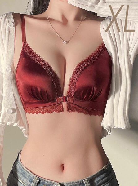 053ワインレッドXL メガ盛り☆フロントホック ノンワイヤー ブラジャーショーツセット 盛りブラ 下着 ブラショーツ 楽ブラ ランジェリー