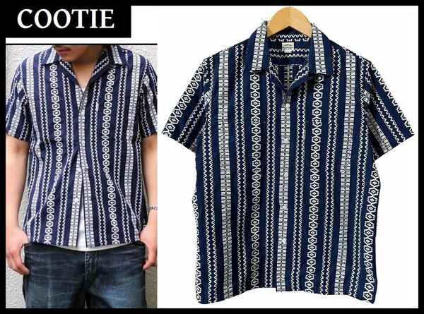 送料無料 希少 COOTIE クーティー DOBBY STRIPE S/S OPEN-NECK SHIRT ドビー ストライプ 開襟 オープンネック 半袖 シャツ 幾何学柄 紺 M