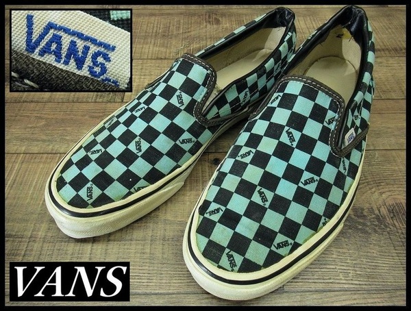 送無 状態考慮 現状渡し 希少 USA製 80s オールド ビンテージ VANS バンズ キャンバス地 チェッカー スリッポン スニーカー 緑黒 US11 29.0