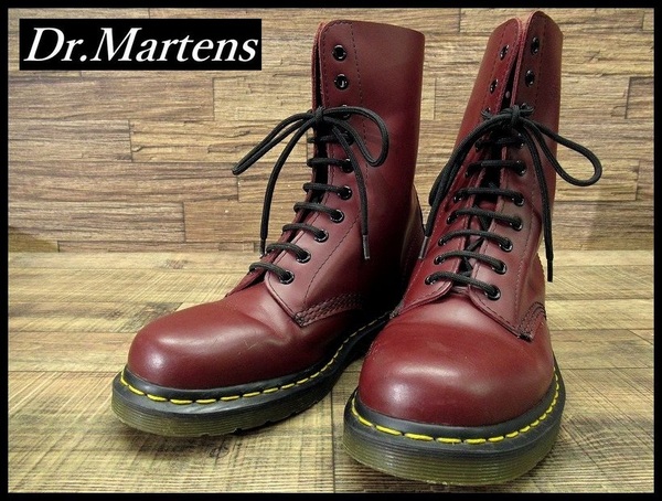送料無料 Dr.Martens ドクターマーチン 1490 スムース レザー 10ホール レースアップ ブーツ イエローステッチ チェリーレッド UK8 27.0cm