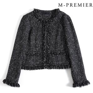 192y*エムプルミエ ウール混 ノーカラー ツイード フリンジ ジャケット