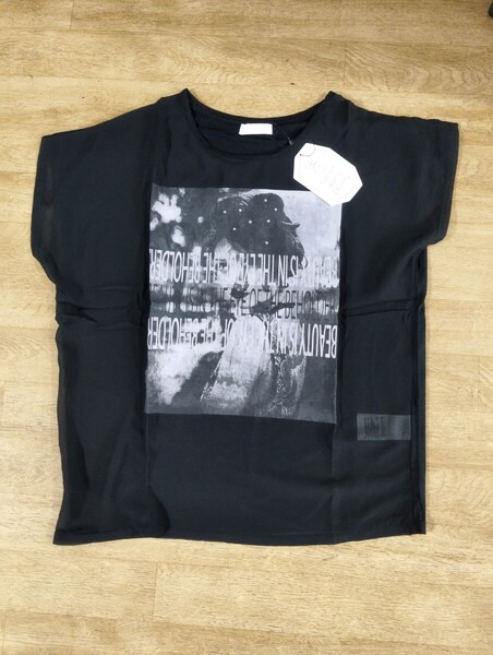 1383 ★★ イーハイフン フロントシフォンTシャツ 新品 定価2992円 黒