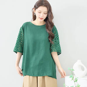 新品☆L~LL 大きいサイズ 涼しい袖 半袖 チュニック ブラウス レディース きれいめ 夏 40代 50代 60代/ディープグリーン/C31-1730A