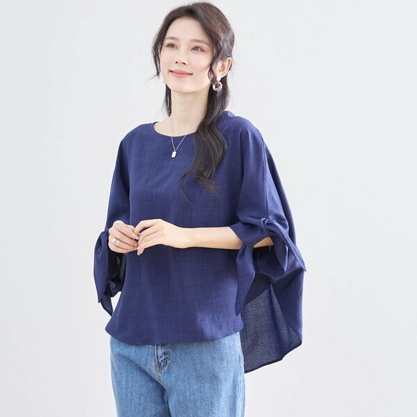 新品☆M~L(ゆったりサイズ) 袖リボン付き バックロング ブラウス レディース トップス オシャレ 夏 40代 50代 60代/ネイビー 紺/C01-129A