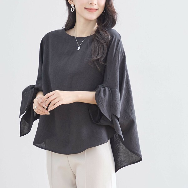 新品☆M~L(ゆったりサイズ) 袖リボン付き バックロング ブラウス レディース トップス オシャレ 夏 40代 50代 60代/ブラック 黒/C01-129A