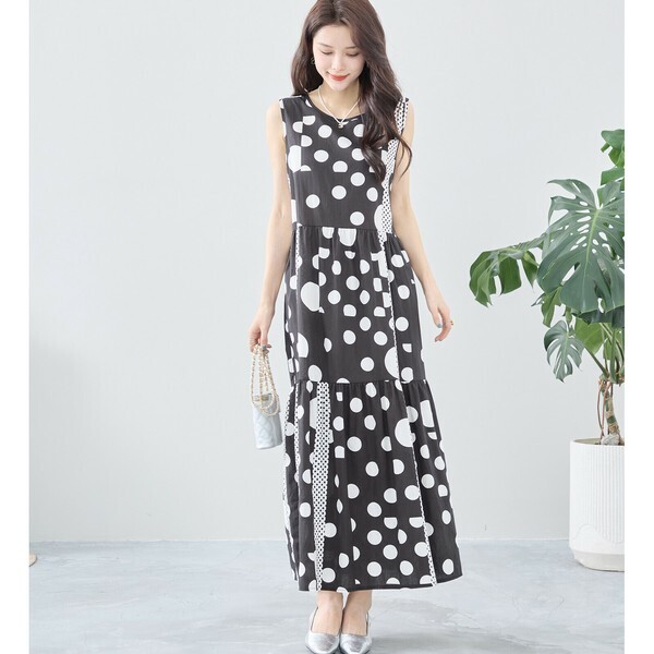 新品☆M〜L(ゆったりサイズ) ドット柄 ノースリーブ ロングワンピース レディース コットン 夏 40代 50代 60代/ブラック 黒/N82-204