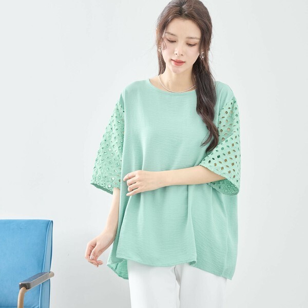 新品☆L~LL 大きいサイズ 涼しい袖 半袖 チュニック ブラウス レディース きれいめ オシャレ 夏 40代 50代 60代/ミント/C31-1730A