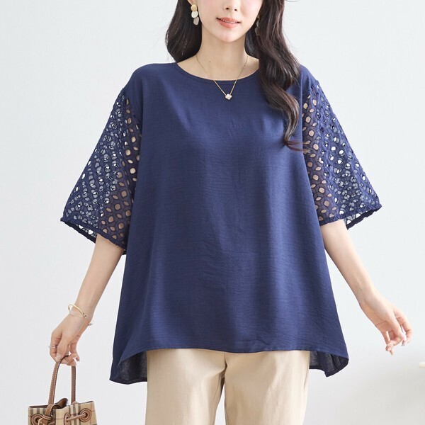 新品☆L~LL 大きいサイズ 涼しい袖 半袖 チュニック ブラウス レディース きれいめ オシャレ 夏 40代 50代 60代/ネイビー 紺/C31-1730A