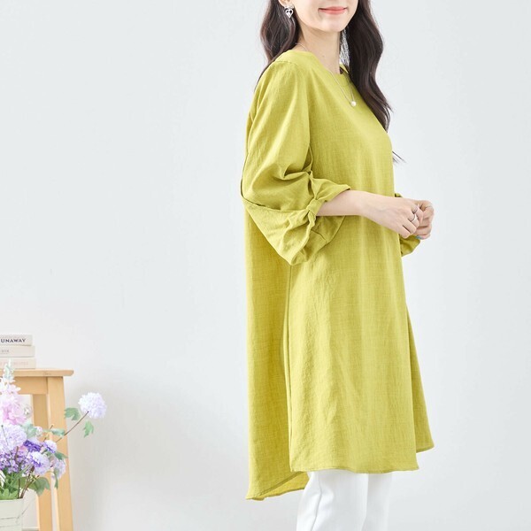 新品☆ワンピ L〜LL 大きいサイズ 袖リボン チュニック ワンピース 7分袖 レディース きれいめ オシャレ 春 夏/キミドリ/C31-695A