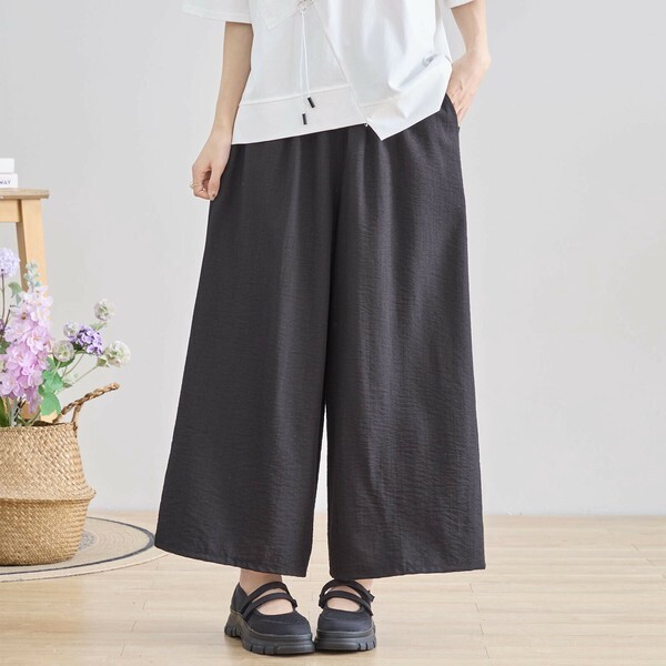 新品☆ボトム L〜LL 大きいサイズ リラックス ワイドパンツ レディース ボトムス ガウチョ ウエストゴム 春 夏/ブラック 黒/N52-056
