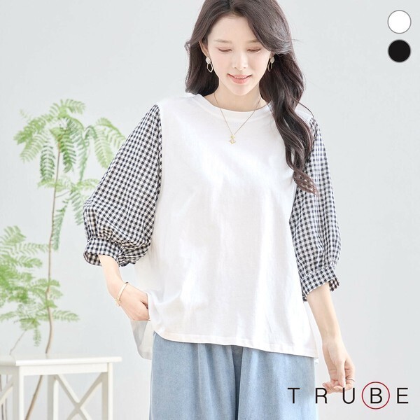 新品☆トップス L〜LL 大きいサイズ ギンガム袖切替 コットン プルオーバー レディース 五分袖 夏 40代 50代 60代/ホワイト 白/N12-504