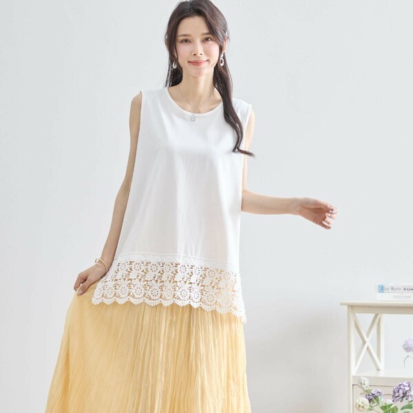 新品☆ノースリーブ タンクトップ L~LL 大きいサイズ 裾レース カットソー チュニック レディース 夏/ホワイト 白/N13-140