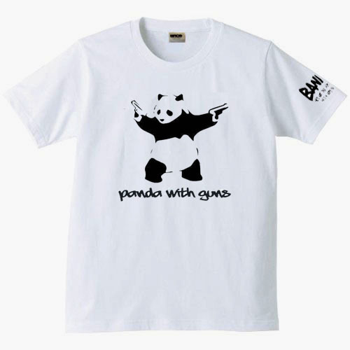 【バンクシー白3XL】5oz二丁拳銃パンダ袖プリントTシャツbanksyおもしろメンズプレゼント送料無料・新品
