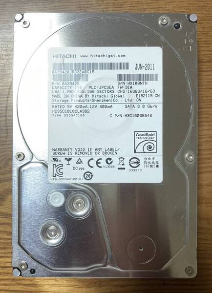 【状態◎】日立 Hitachi/HGST Cinemastar 5K1000シリーズ HCS5C1010CLA382 3.5インチ HDD 1TB