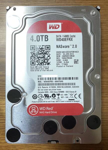 【状態◎】Western Digital ウェスタンデジタル WD Red シリーズ WD40EFRX 3.5インチ HDD 4TB(NAS向け仕様)