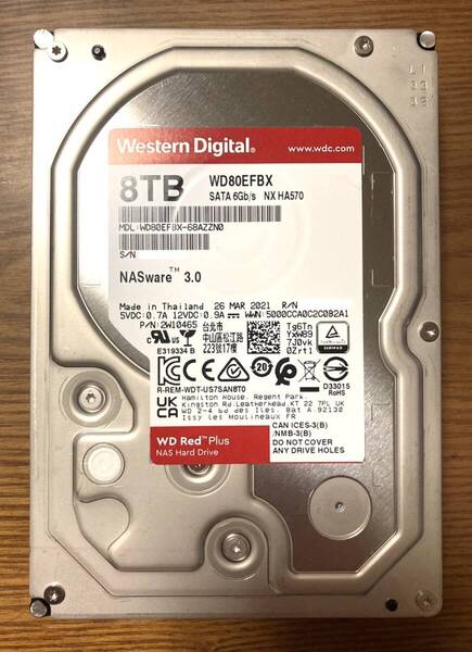 【使用時間・小】Western Digital ウェスタンデジタル Red Plusシリーズ WD80EFBX 3.5インチHDD 8TB(NAS向けHDD/使用時間:1000時間未満)