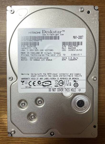【状態◎】日立 Hitachi/HGST Deskstar 7K1000シリーズ HDS721010KLA330 3.5インチ HDD 1TB(使用時間:10700時間未満)