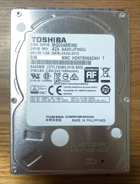 【状態◎】東芝 Toshiba MQ03ABB300 2.5インチ HDD 3TB 15mm厚(2.5インチHDD大容量モデル)