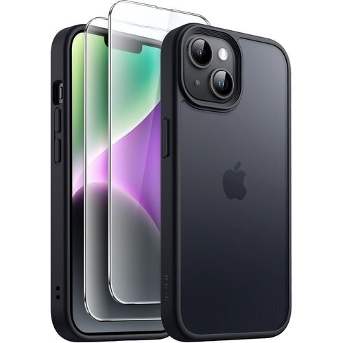JETech 3 in 1 iPhone 14 6.1 ルム付き 半透明 つや消し 耐衝撃スマホカバー ブラック 694