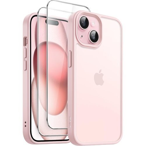 JETech 3 in 1 iPhone 15 6.1 ィルム付き 半透明 つや消し 耐衝撃スマホカバー ピンク 705