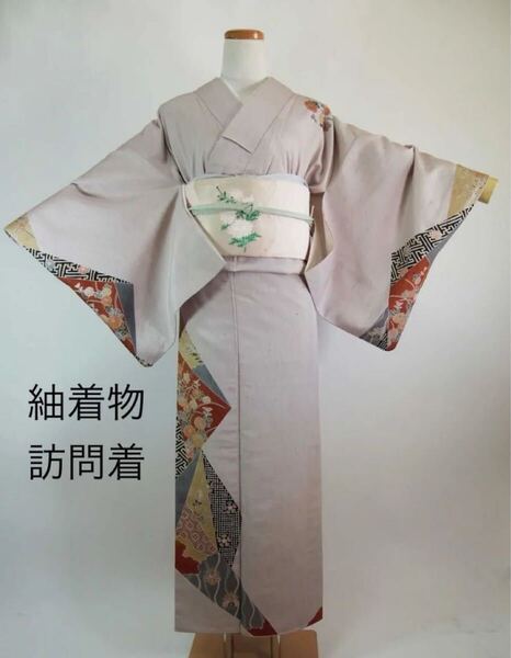 紬着物 訪問着 キリバメ 菊花 桐 亀甲 沙耶型 着物 正絹 薄いグレー やや灰汁あり