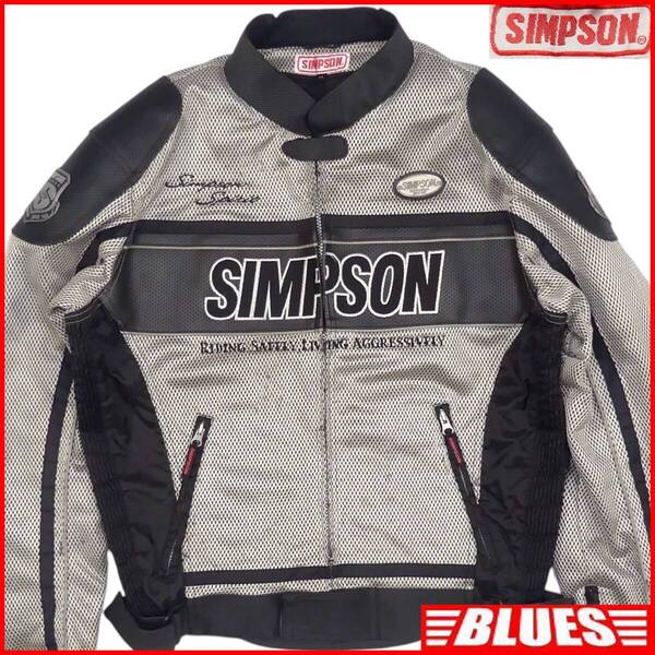 即決★SIMPSON★メンズ XL ライダースジャケット レーシングジャケット シンプソン 黒 銀 メッシュ ライナー着脱