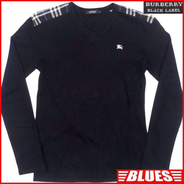 即決★BURBERRY BLACK LABEL★メンズ M 廃版 Tシャツ ロンT バーバリーブラックレーベル 2 黒 ノバチェック Vネック 長袖