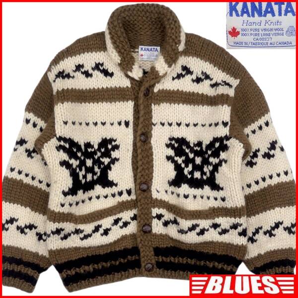 即決★カナダ製 KANATA★メンズ XXXL位 カウチンセーター カナタ 茶 イーグル ウール ハンドニット セーター カーディガン くるみボタン