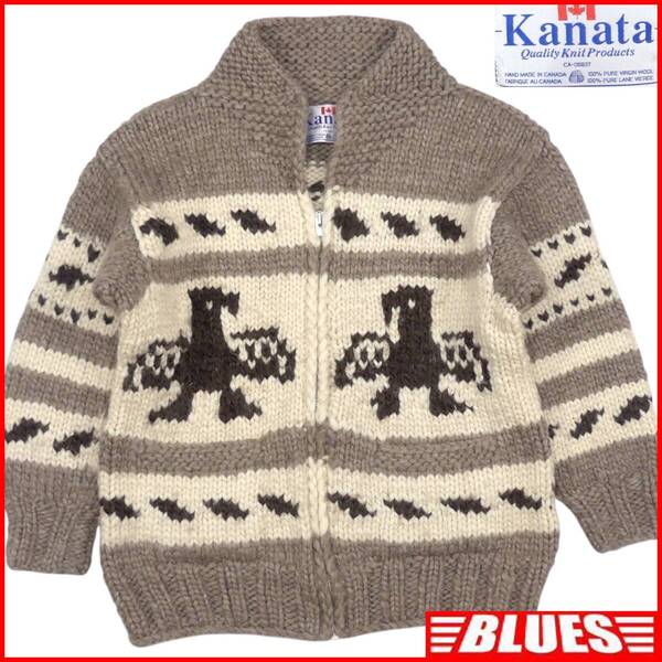 即決★カナダ製 KANATA★メンズ XXL位 カウチンセーター カナタ 茶 サンダーバード 鳥 ハンドニット セーター カーディガン ジップアップ