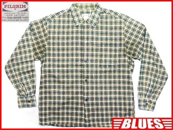 即決★PILGRIM★メンズM ビンテージ古着 コットンシャツ ピルグリム ダンリバー社製生地 50s 長袖シャツ 黄 チェック柄 緑 ワークシャツ 青