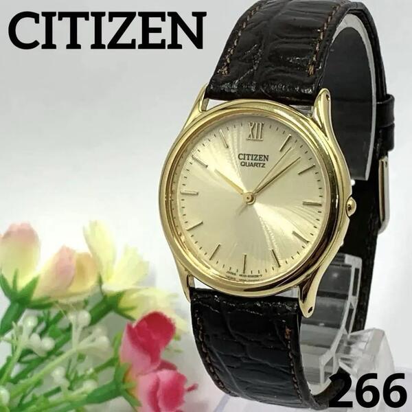 266 稼働品 CITIZEN メンズ 腕時計 シチズン ゴールド 電池交換済 クオーツ式 人気 希少 ビンテージ レトロ アンティーク