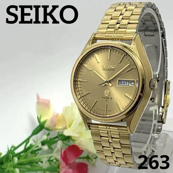 263 稼働品 SEIKO メンズ 腕時計 セイコー TYPE Ⅱ ★訳アリ ゴールド カレンダー 電池交換済 諏訪工場 クオーツ式 人気 希少 ビンテージ