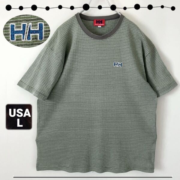 ヘリーハンセン/HELLY HANSEN★90s赤タグ★リブ編みTシャツ★ワンポイントロゴ刺繍★オーバーサイズ★USAメンズL