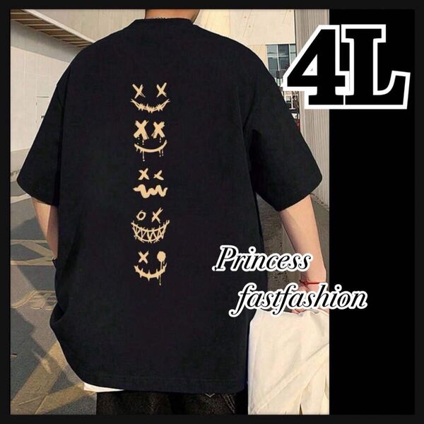 【4L/ブラック】スマイル 表情デザイン 半袖Tシャツ 大きいサイズ 男女兼用 メンズ レディース