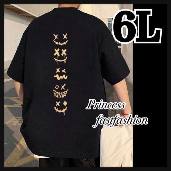 【6L/ブラック】スマイル 表情デザイン 半袖Tシャツ 大きいサイズ 男女兼用 メンズ レディース