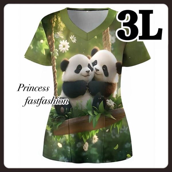 【3L/グリーン】パンダ柄 ポケット付き Vネック 半袖Tシャツ 大きいサイズ レディース