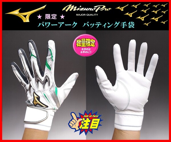 249◆送料&刺繍無料◆ ミズノプロ バッティング 手袋 グラブ 1EJEA53701 白×銀×緑 25cm 両手組 パワーアーク 型押しなし 天然皮革