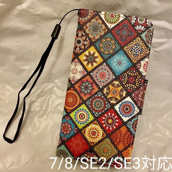 残りわずか 新品 エスニック柄 カラフル 花柄 手帳型 ストラップ付き iPhoneケース マンダラ柄 チェック柄 即購入OK 【値下げ不可】